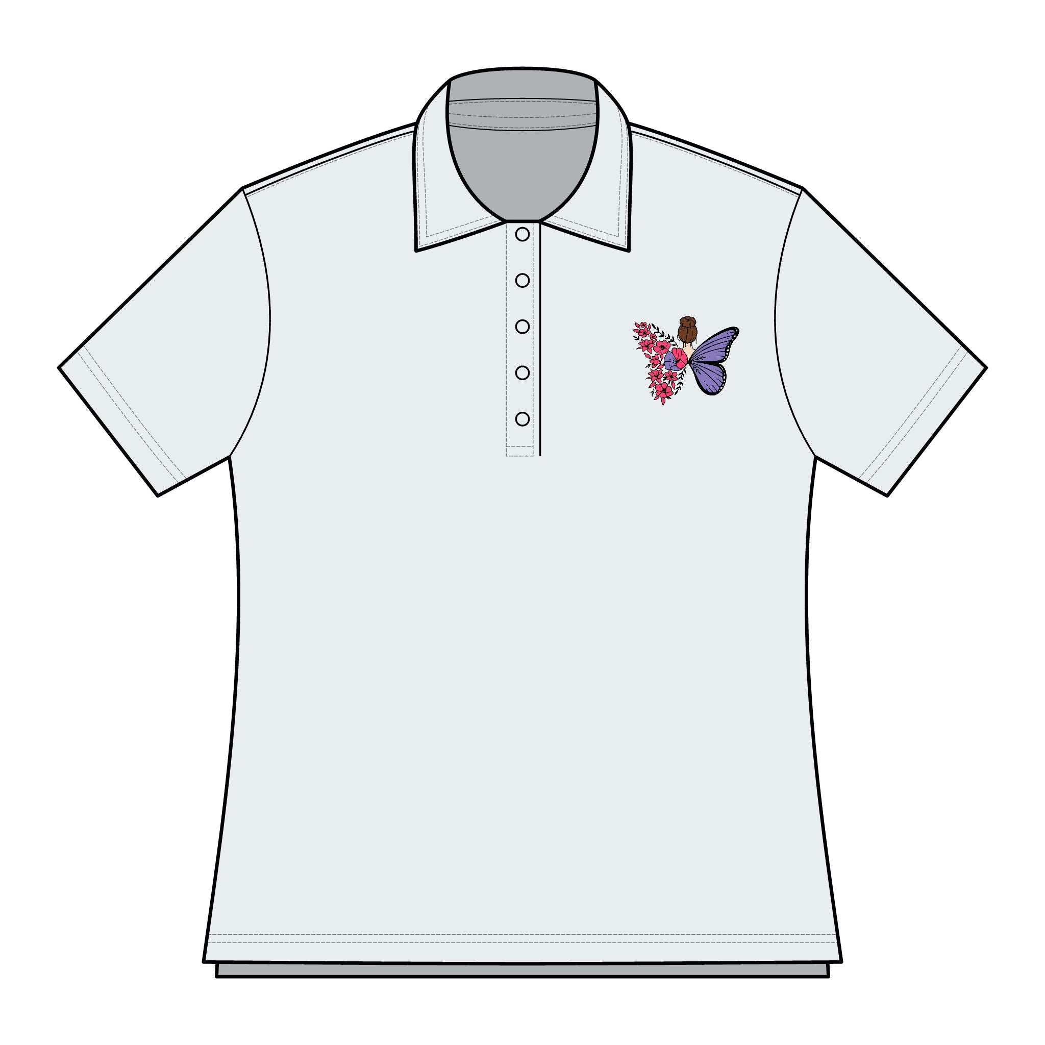 Stylish Women's Polo Shirt with Butterfly Design, Casual Summer Top, Birthday Gift, Weekend Wear, Floral Embroidered Polo - Threads & Echo