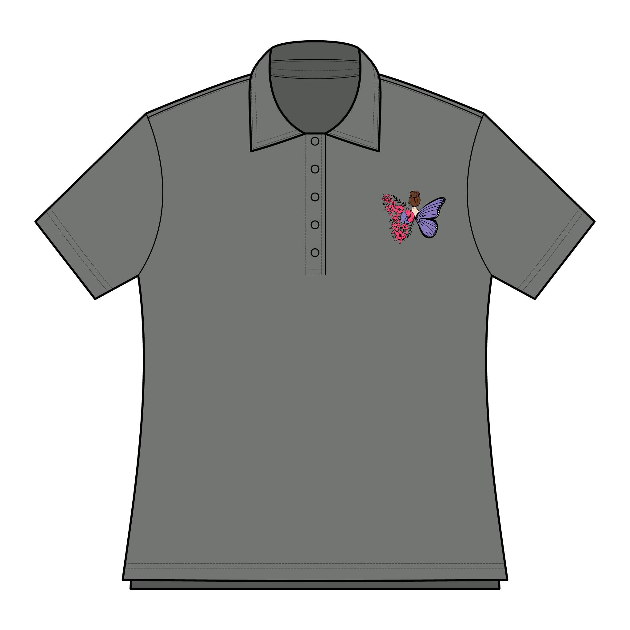 Stylish Women's Polo Shirt with Butterfly Design, Casual Summer Top, Birthday Gift, Weekend Wear, Floral Embroidered Polo - Threads & Echo