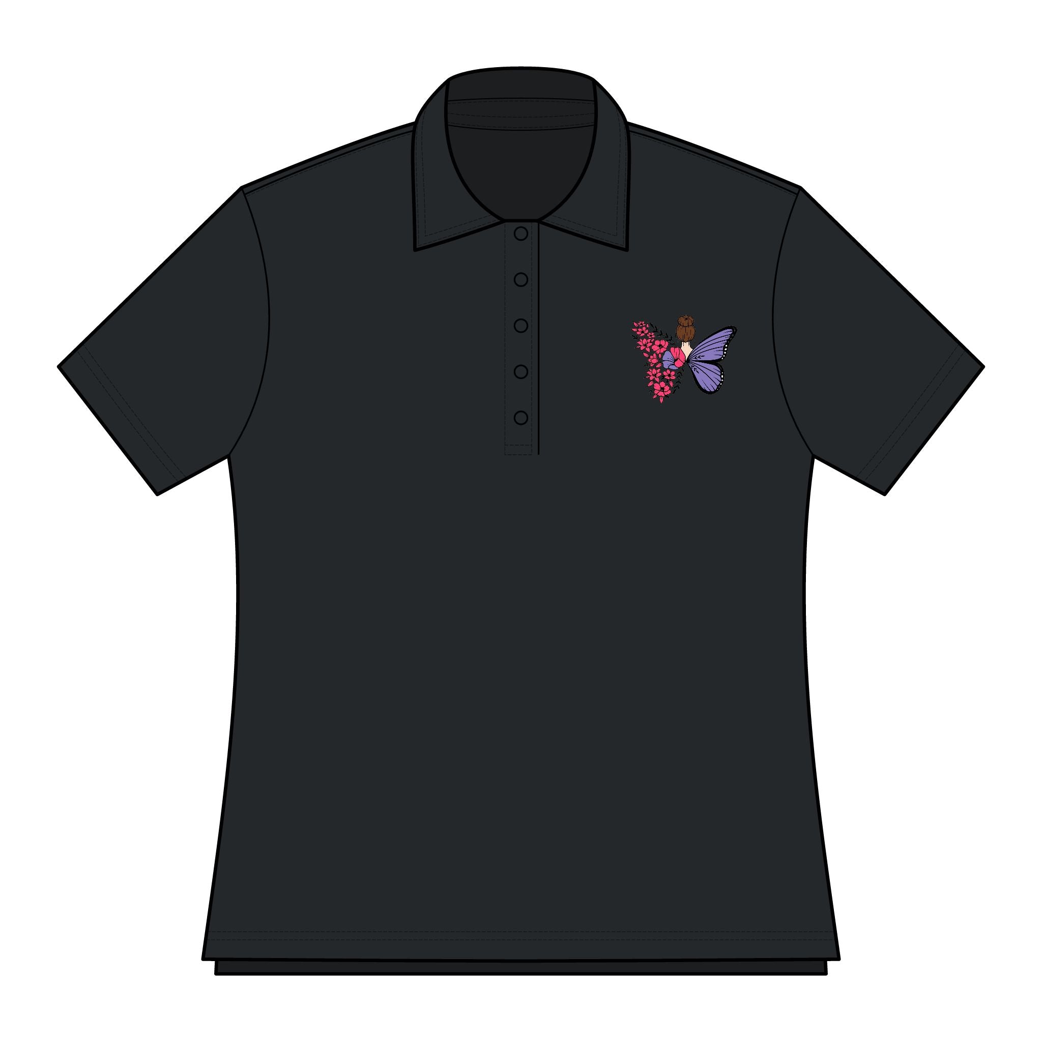 Stylish Women's Polo Shirt with Butterfly Design, Casual Summer Top, Birthday Gift, Weekend Wear, Floral Embroidered Polo - Threads & Echo