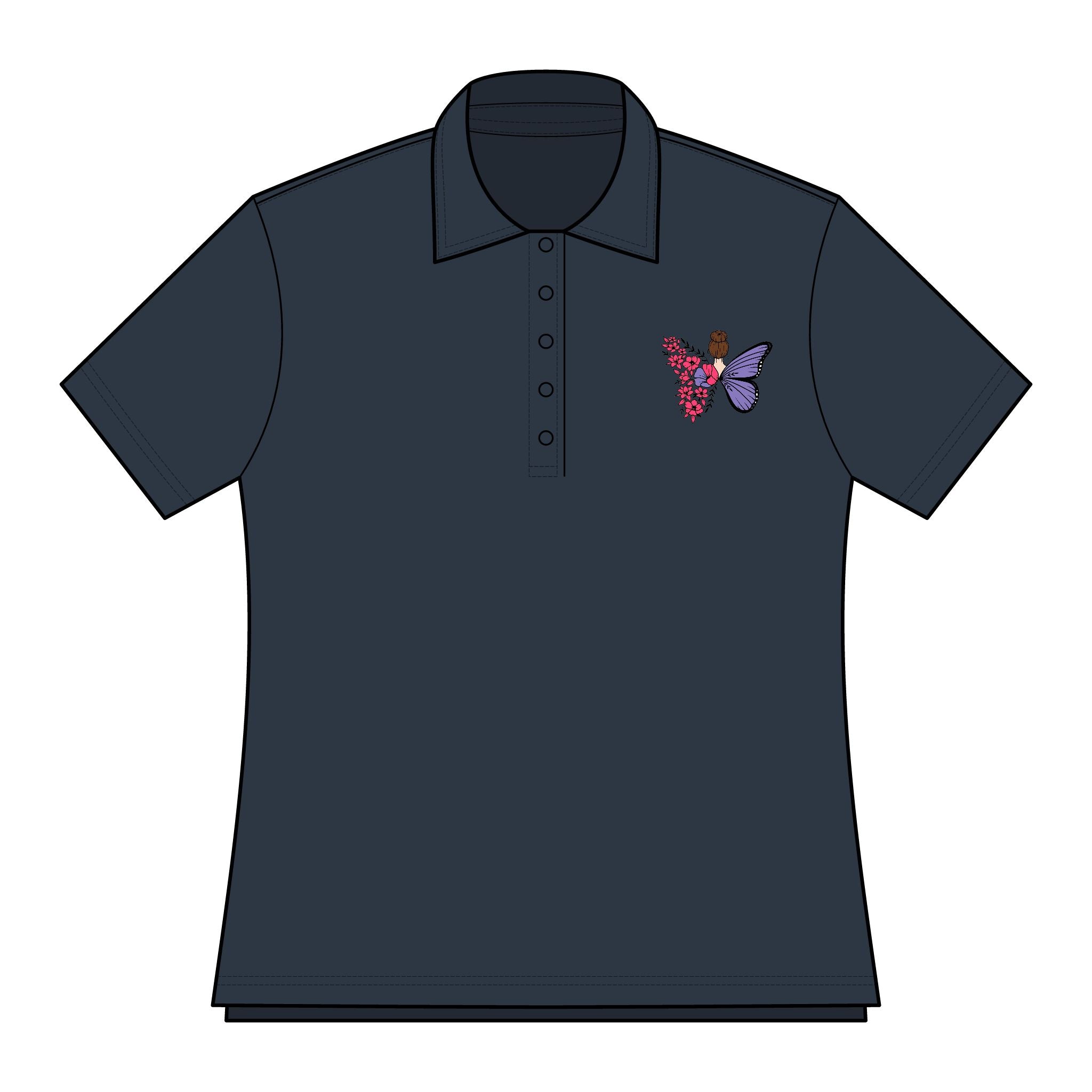 Stylish Women's Polo Shirt with Butterfly Design, Casual Summer Top, Birthday Gift, Weekend Wear, Floral Embroidered Polo - Threads & Echo