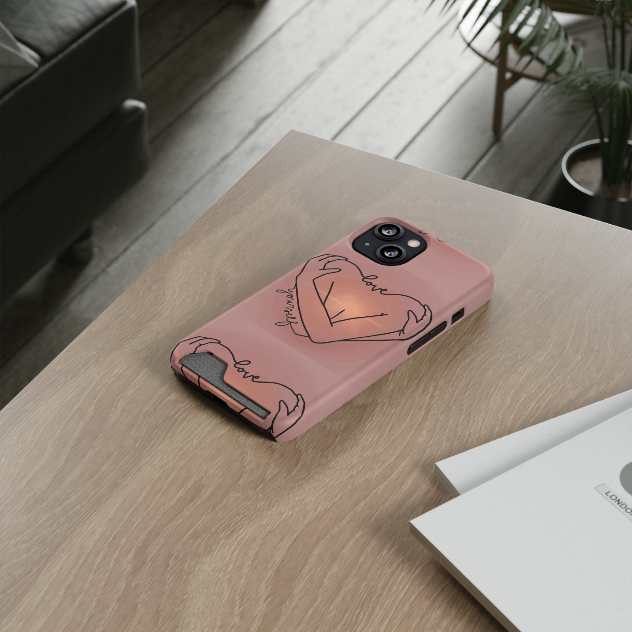 Stylish Phone Case With Card Holder - Love Yourself Design, Cute Phone Accessories, Gift for Her, Trendy Smartphone Case, Modern Tech Gift