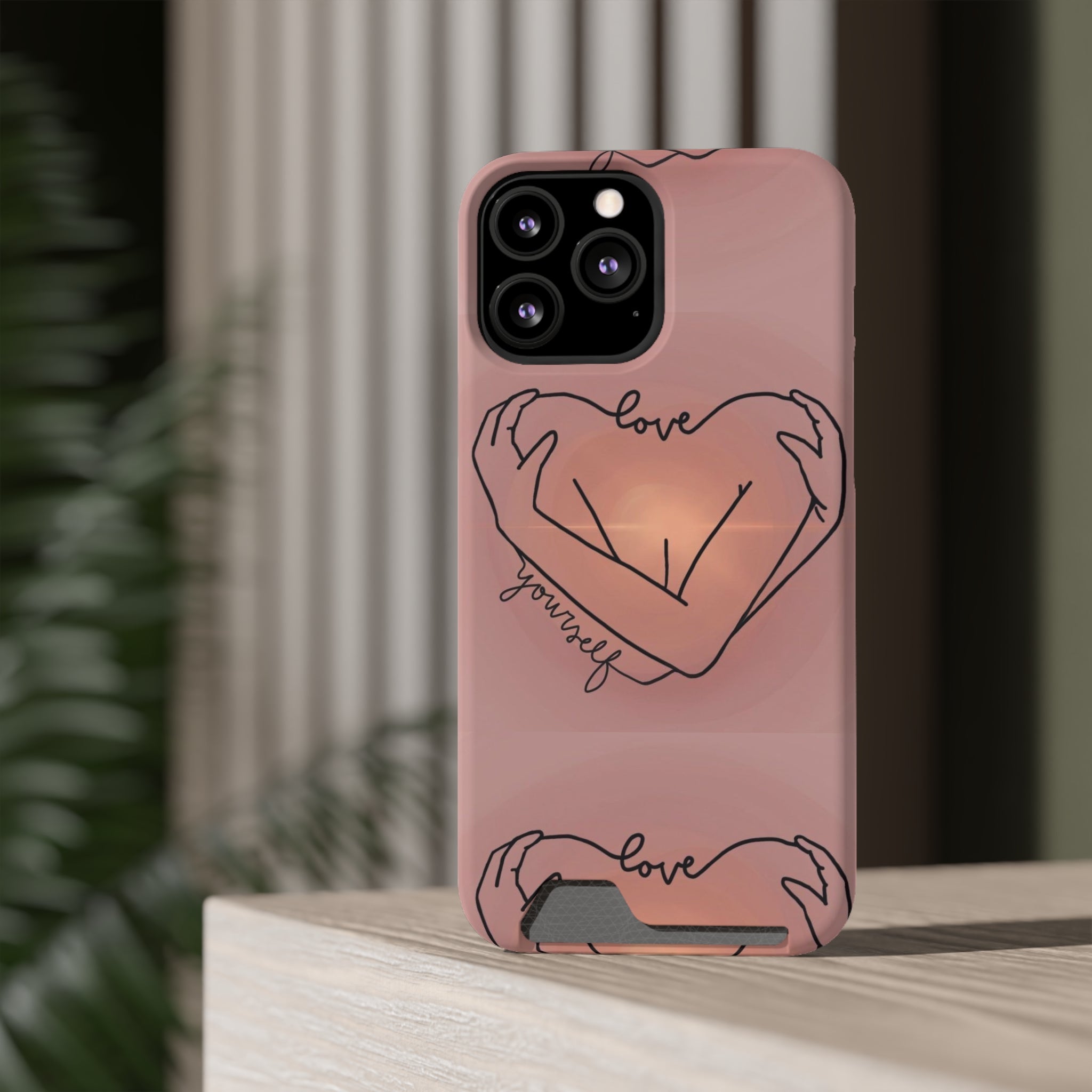 Stylish Phone Case With Card Holder - Love Yourself Design, Cute Phone Accessories, Gift for Her, Trendy Smartphone Case, Modern Tech Gift