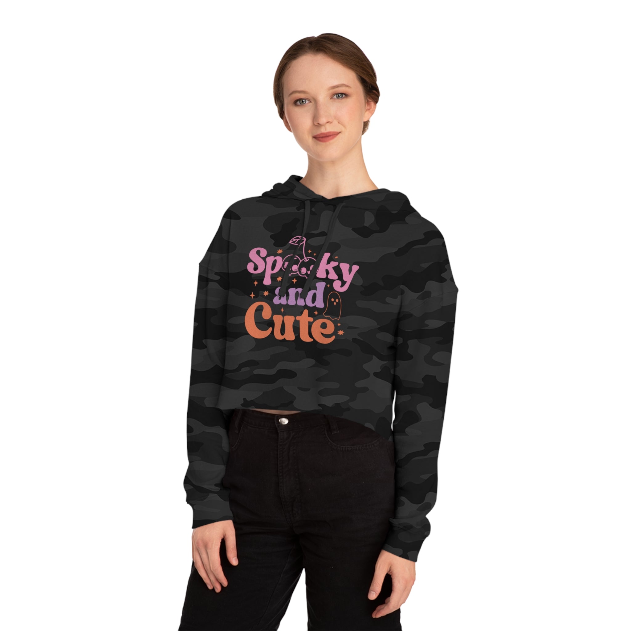 Spooky and Cute Cropped Hoodie, Women's Halloween Fashion, Cozy Sweatshirt, Trendy Fall Apparel, Gift for Her, Casual Style