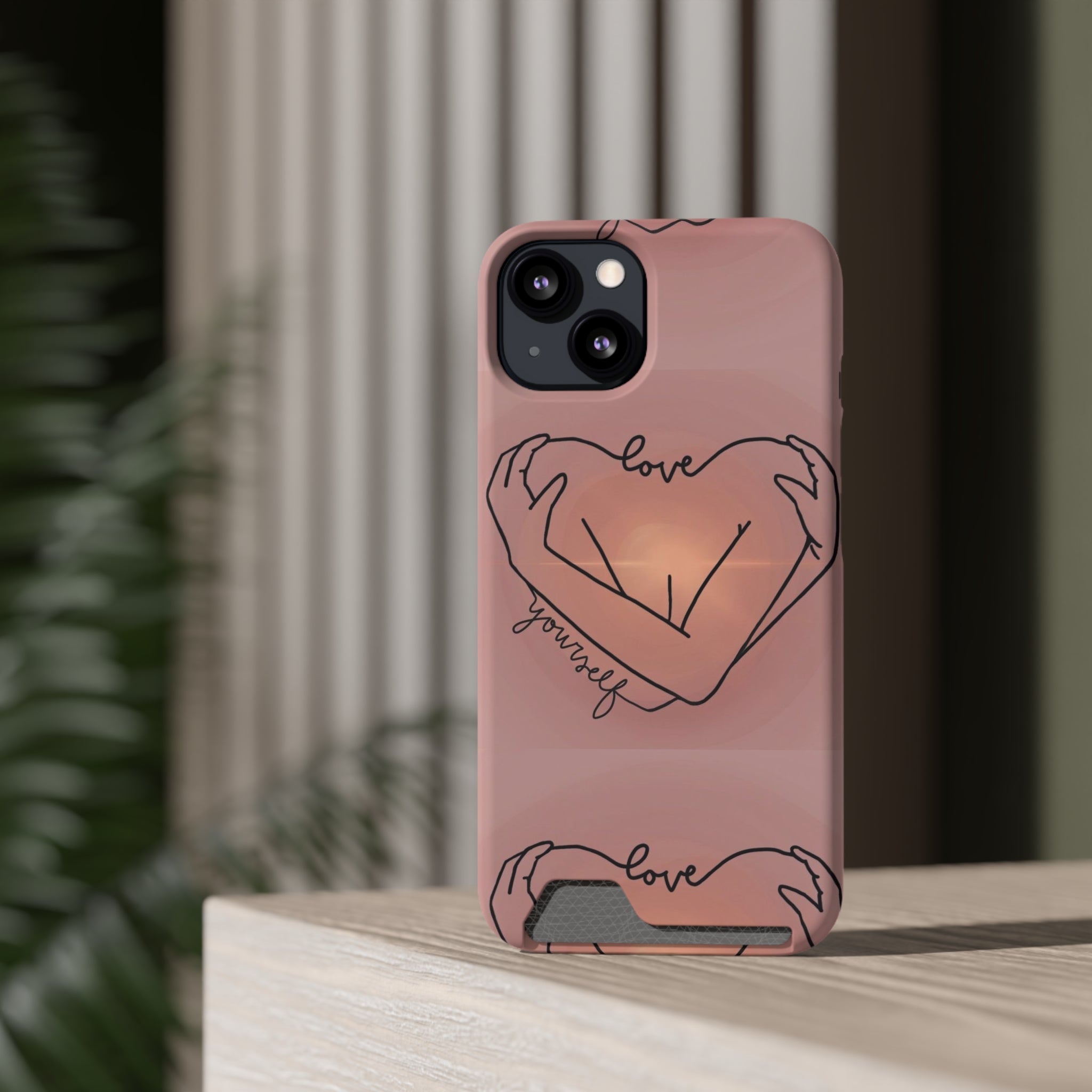 Stylish Phone Case With Card Holder - Love Yourself Design, Cute Phone Accessories, Gift for Her, Trendy Smartphone Case, Modern Tech Gift