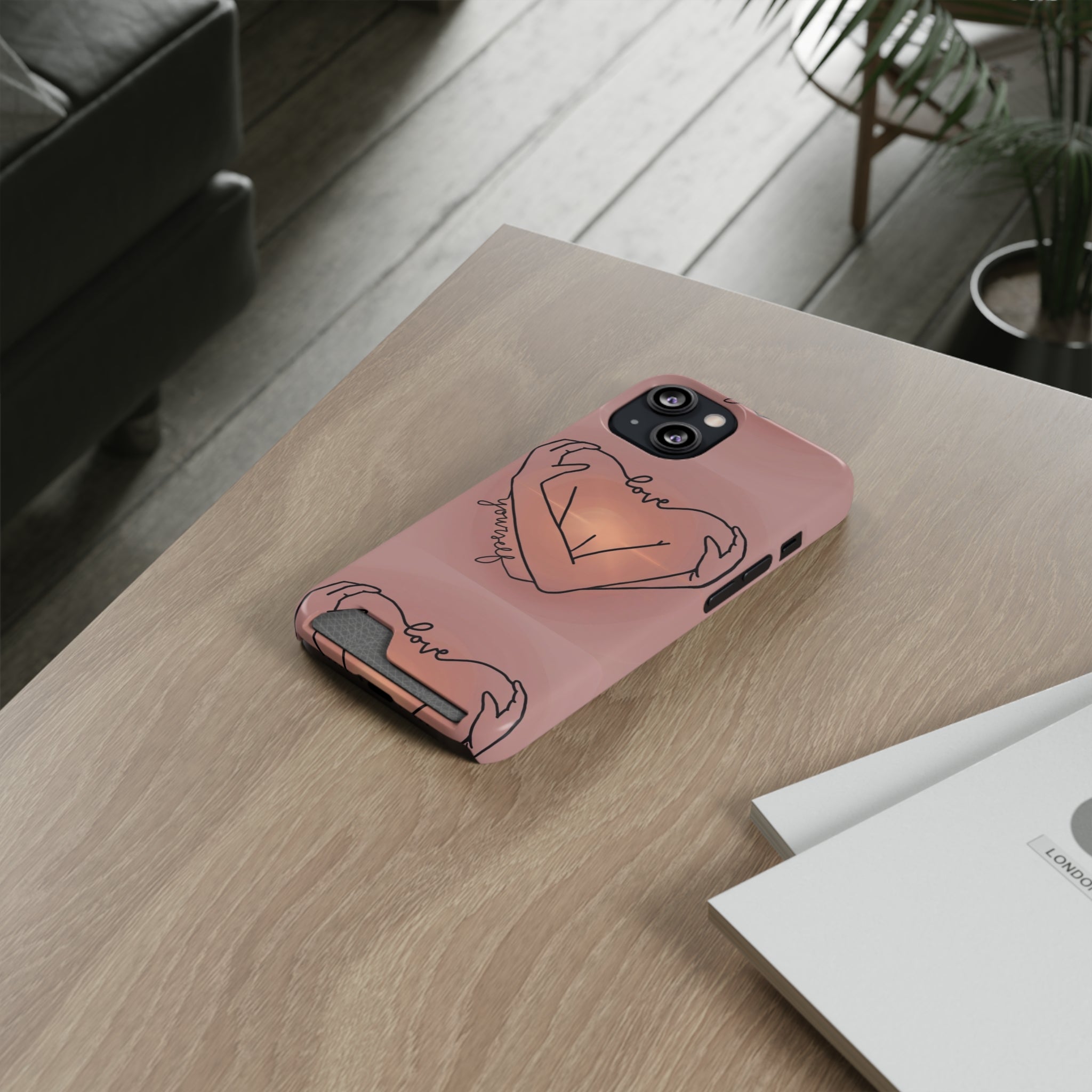 Stylish Phone Case With Card Holder - Love Yourself Design, Cute Phone Accessories, Gift for Her, Trendy Smartphone Case, Modern Tech Gift
