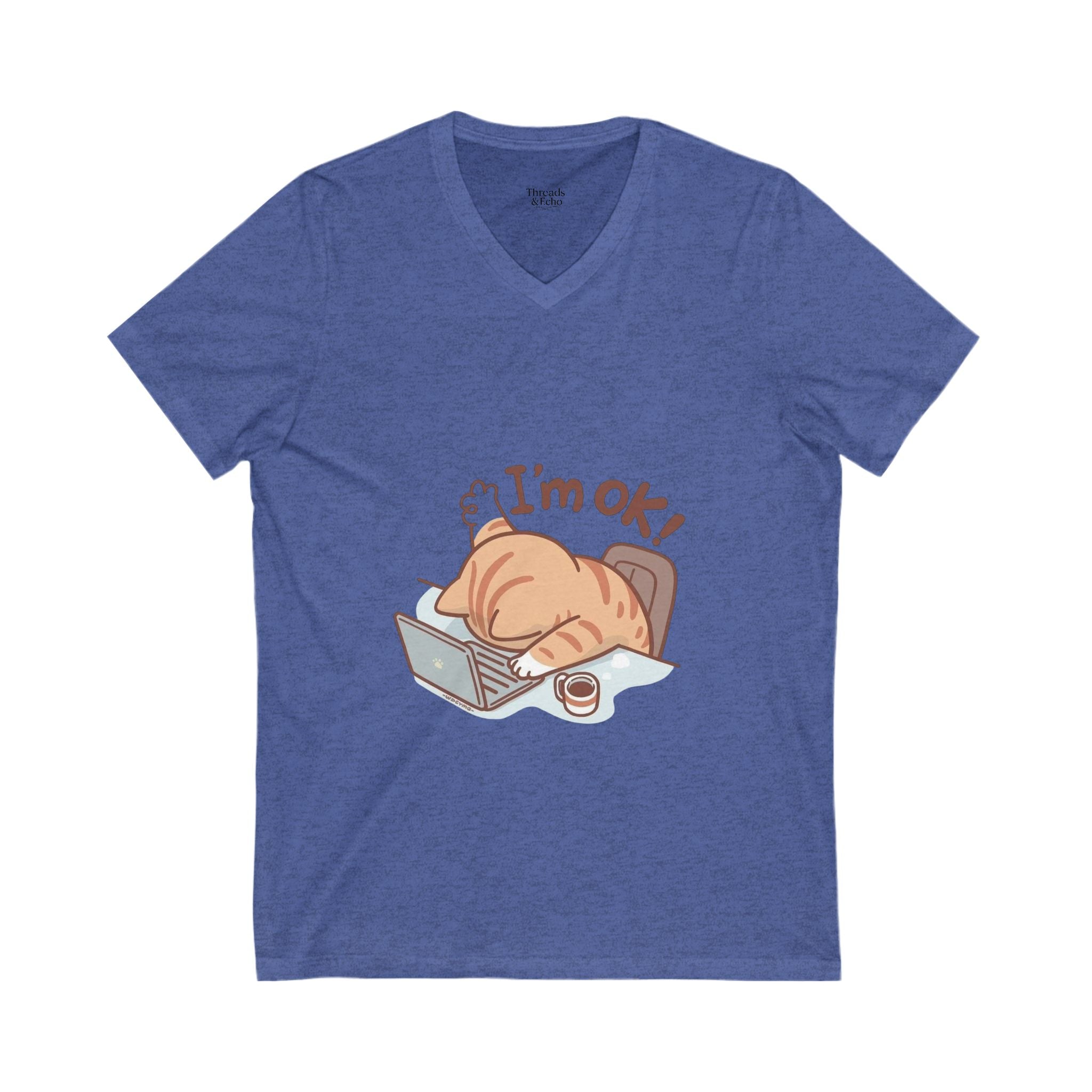 Funny Cat V-Neck Tee, I'm OK! T-Shirt for Cat Lovers, Cute Pet Tee, Gift for Her, Humor Fashion