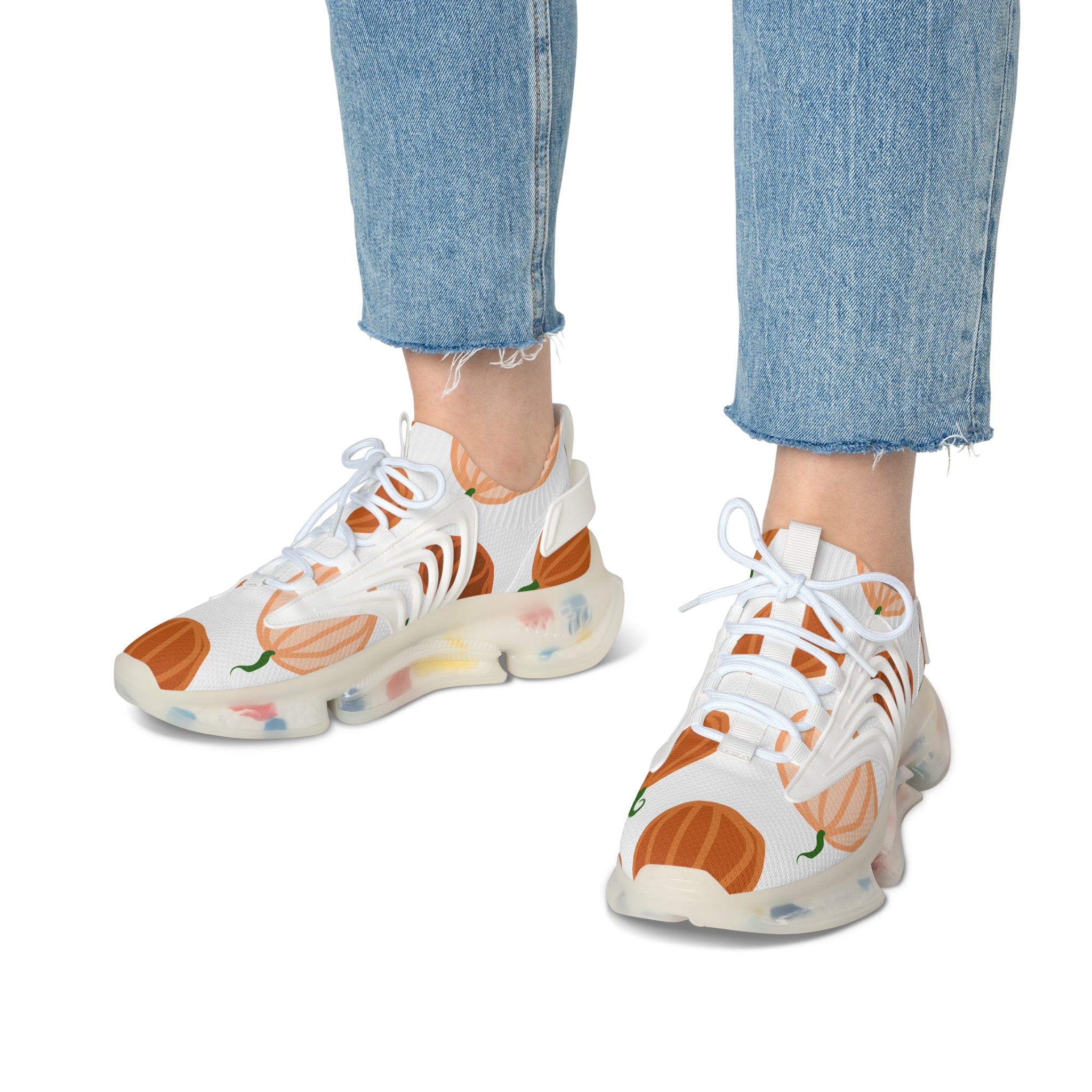 Women's Pumpkin Mesh Sneakers, Lightweight Footwear, Fall Fashion, Casual Sneakers, Halloween Style, Comfortable Sneakers