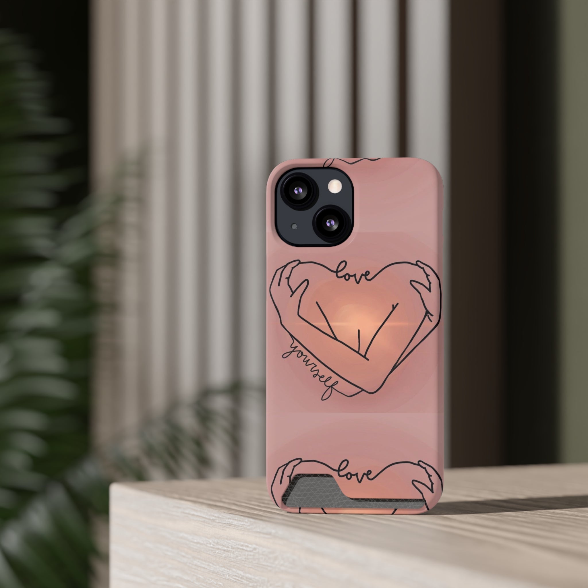 Stylish Phone Case With Card Holder - Love Yourself Design, Cute Phone Accessories, Gift for Her, Trendy Smartphone Case, Modern Tech Gift