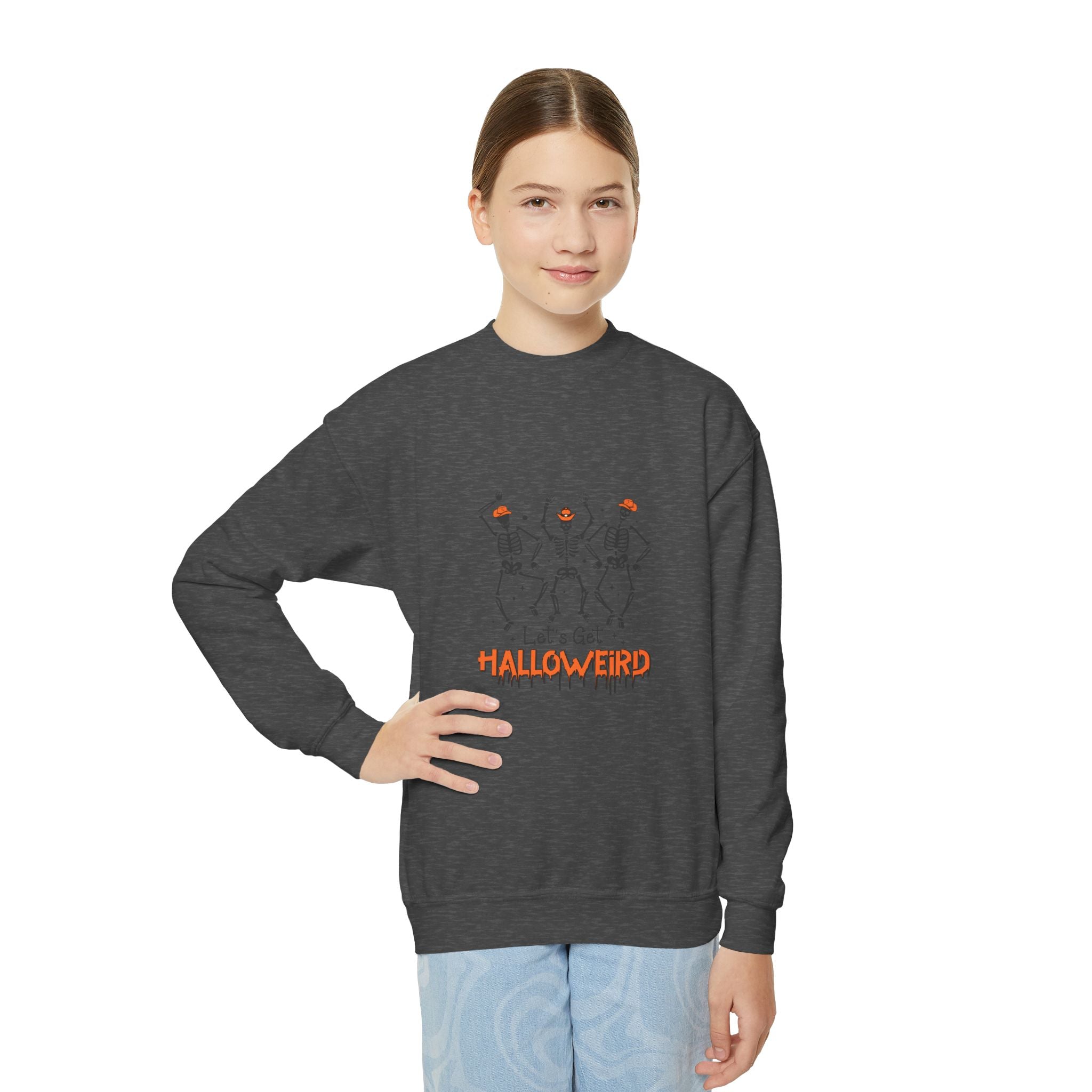 Halloween Youth Crewneck Sweatshirt, Spooky Sweatshirt, Kids Halloween Costume, Trick or Treat Gift, Fall Apparel, Cozy Halloween Clothing