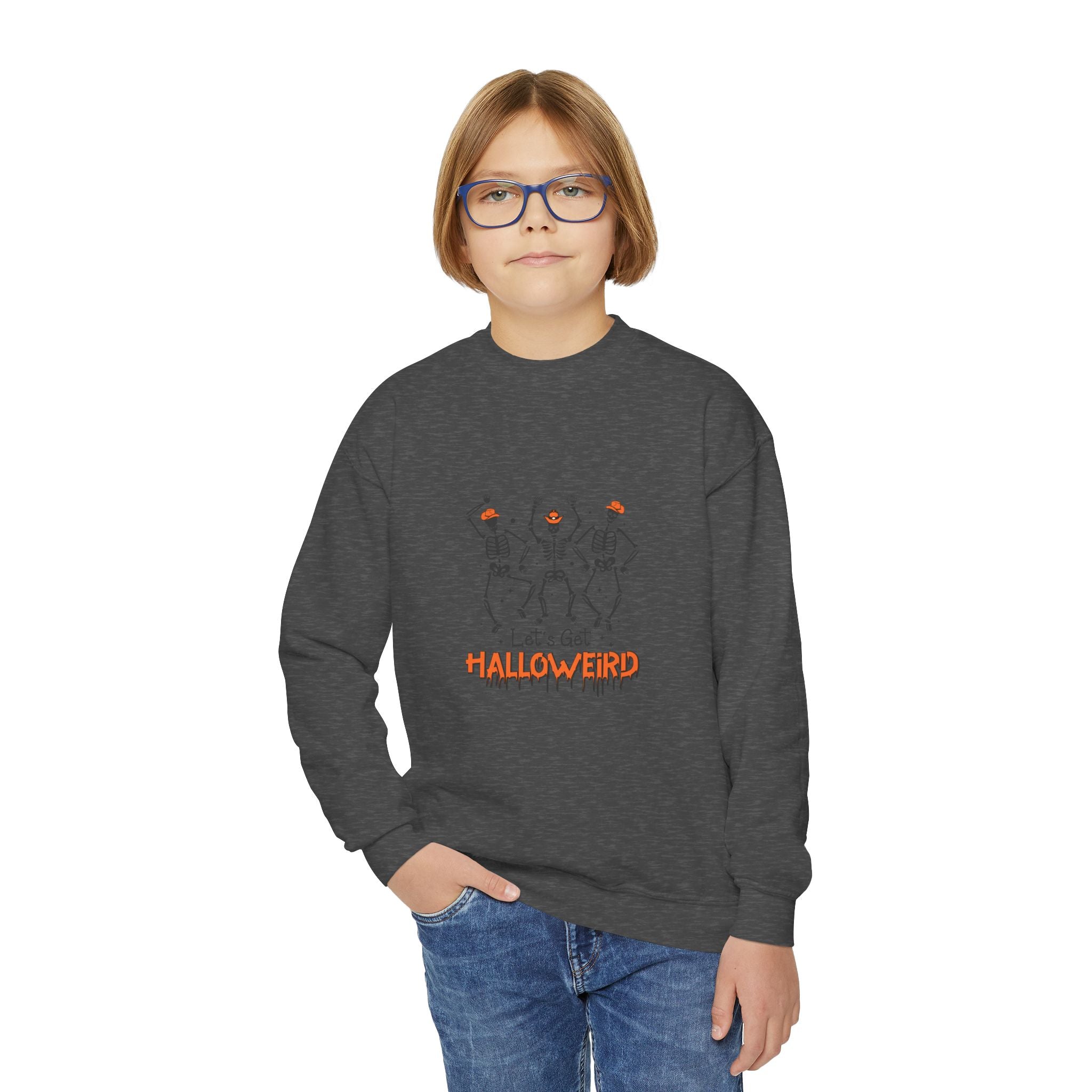 Halloween Youth Crewneck Sweatshirt, Spooky Sweatshirt, Kids Halloween Costume, Trick or Treat Gift, Fall Apparel, Cozy Halloween Clothing