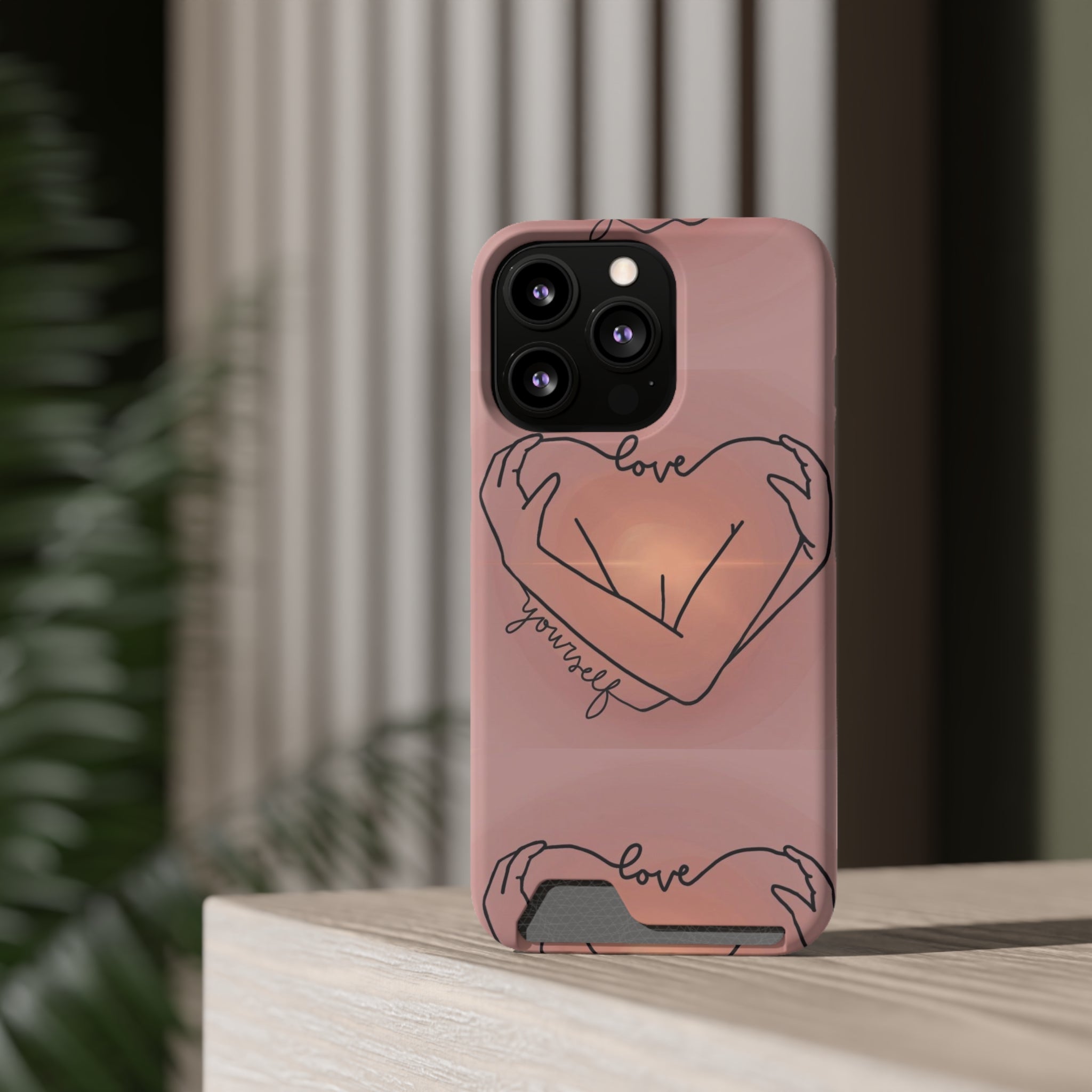 Stylish Phone Case With Card Holder - Love Yourself Design, Cute Phone Accessories, Gift for Her, Trendy Smartphone Case, Modern Tech Gift