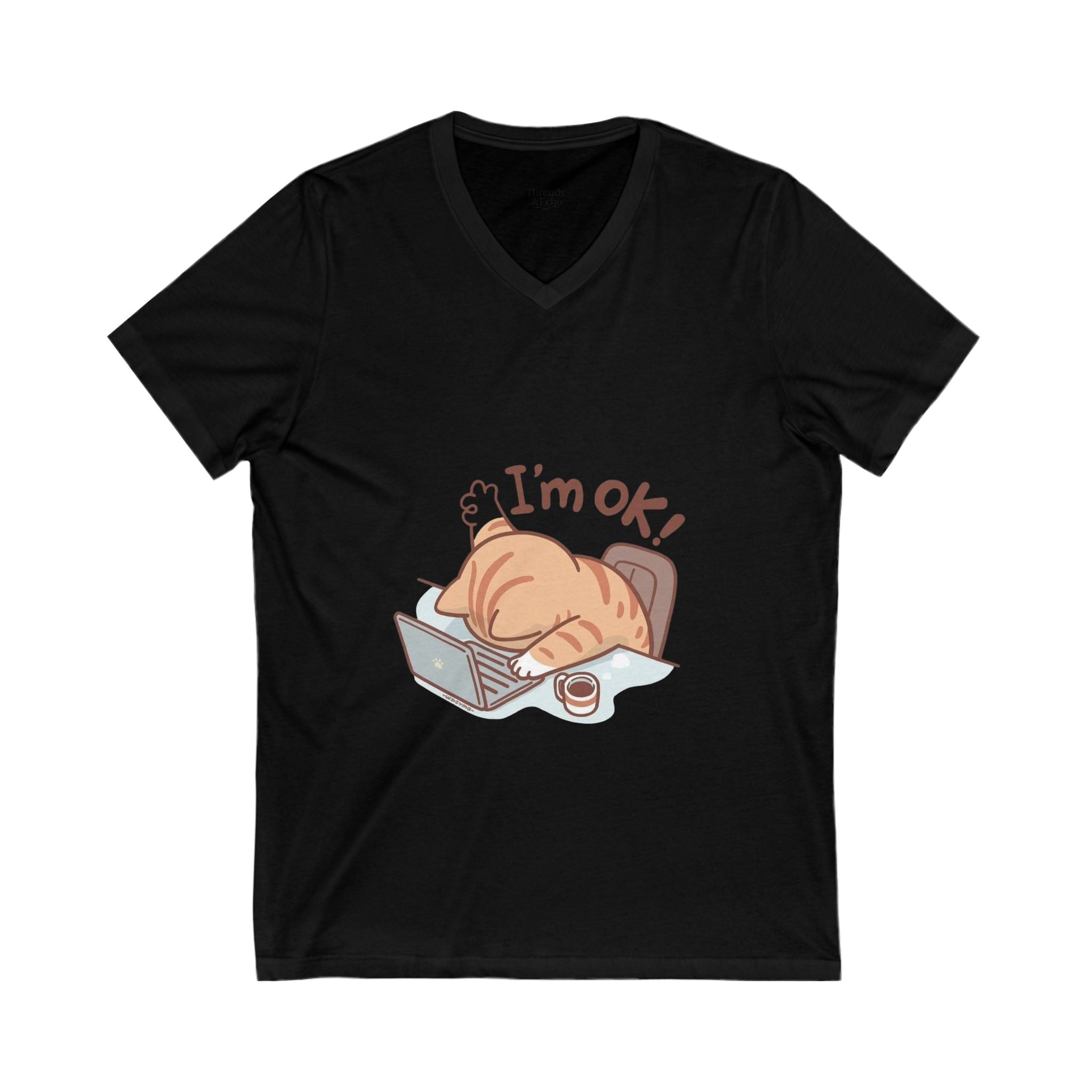 Funny Cat V-Neck Tee, I'm OK! T-Shirt for Cat Lovers, Cute Pet Tee, Gift for Her, Humor Fashion