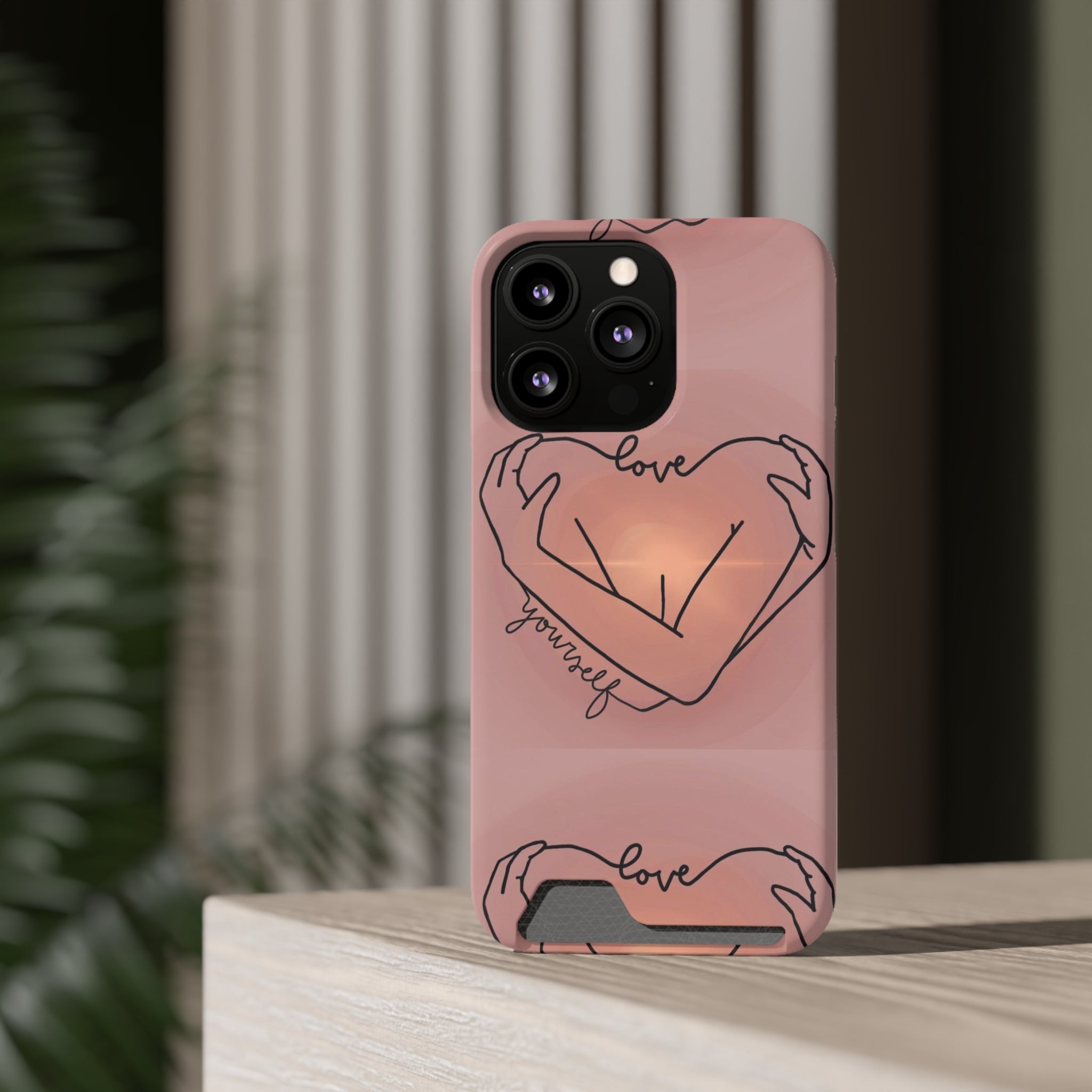 Stylish Phone Case With Card Holder - Love Yourself Design, Cute Phone Accessories, Gift for Her, Trendy Smartphone Case, Modern Tech Gift