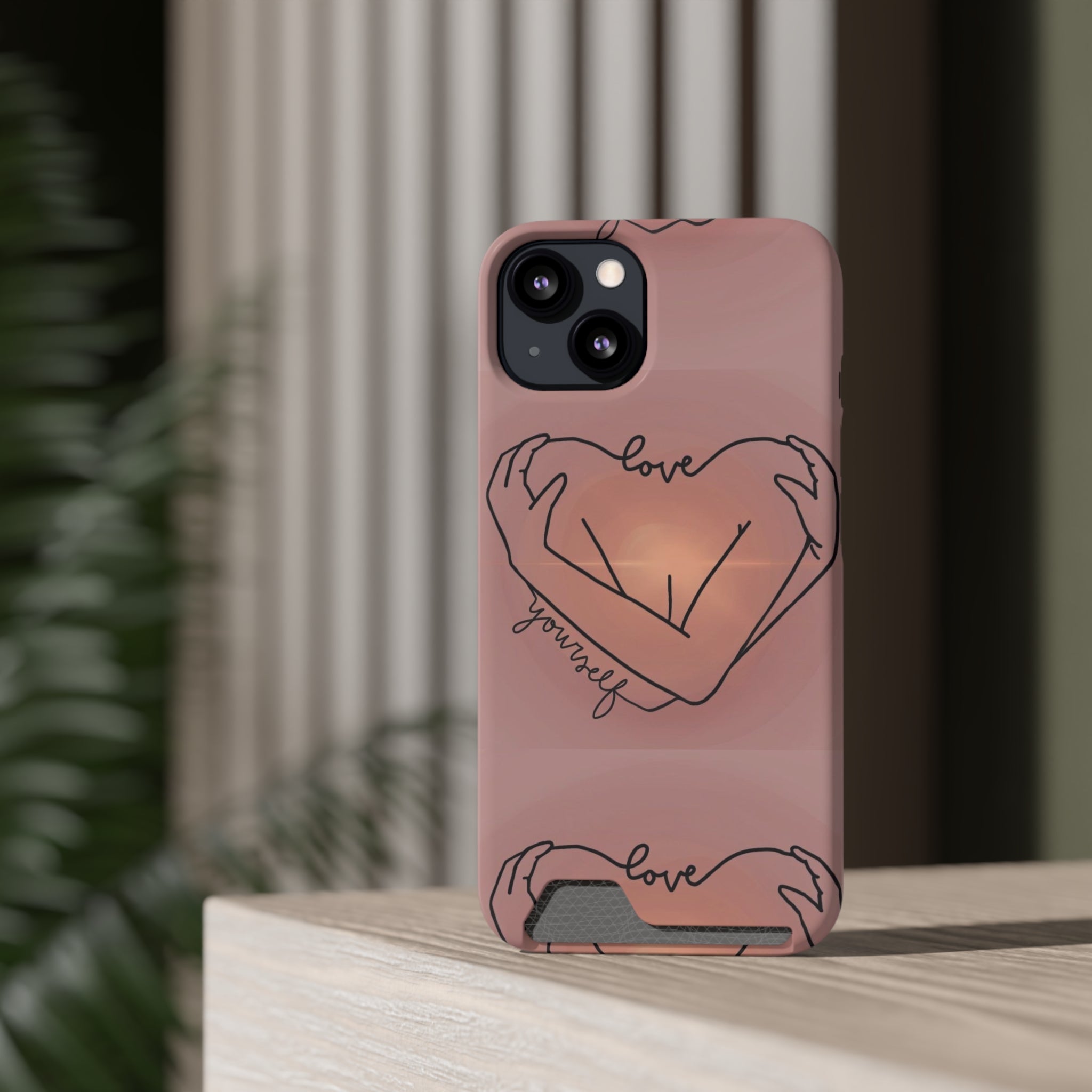 Stylish Phone Case With Card Holder - Love Yourself Design, Cute Phone Accessories, Gift for Her, Trendy Smartphone Case, Modern Tech Gift