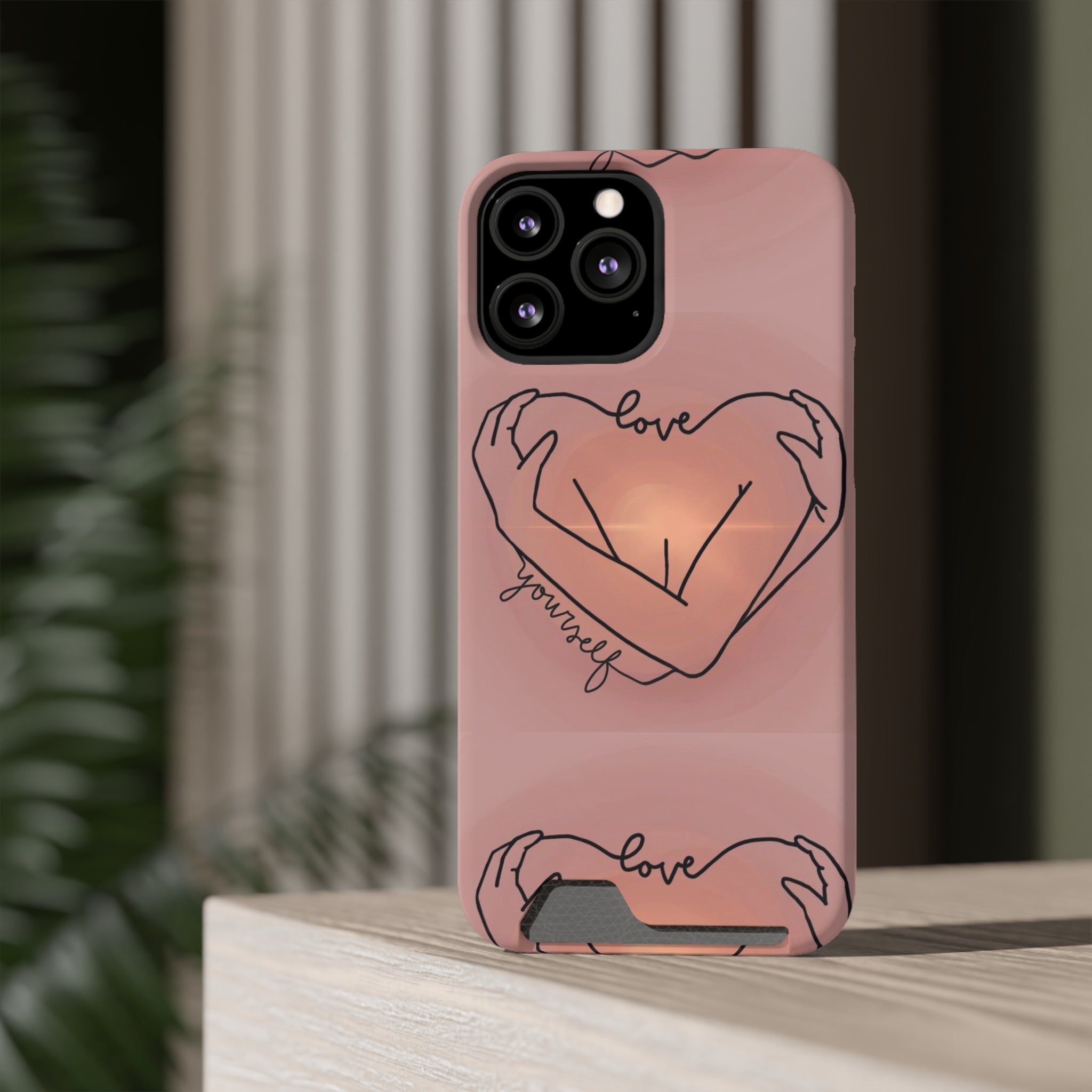 Stylish Phone Case With Card Holder - Love Yourself Design, Cute Phone Accessories, Gift for Her, Trendy Smartphone Case, Modern Tech Gift