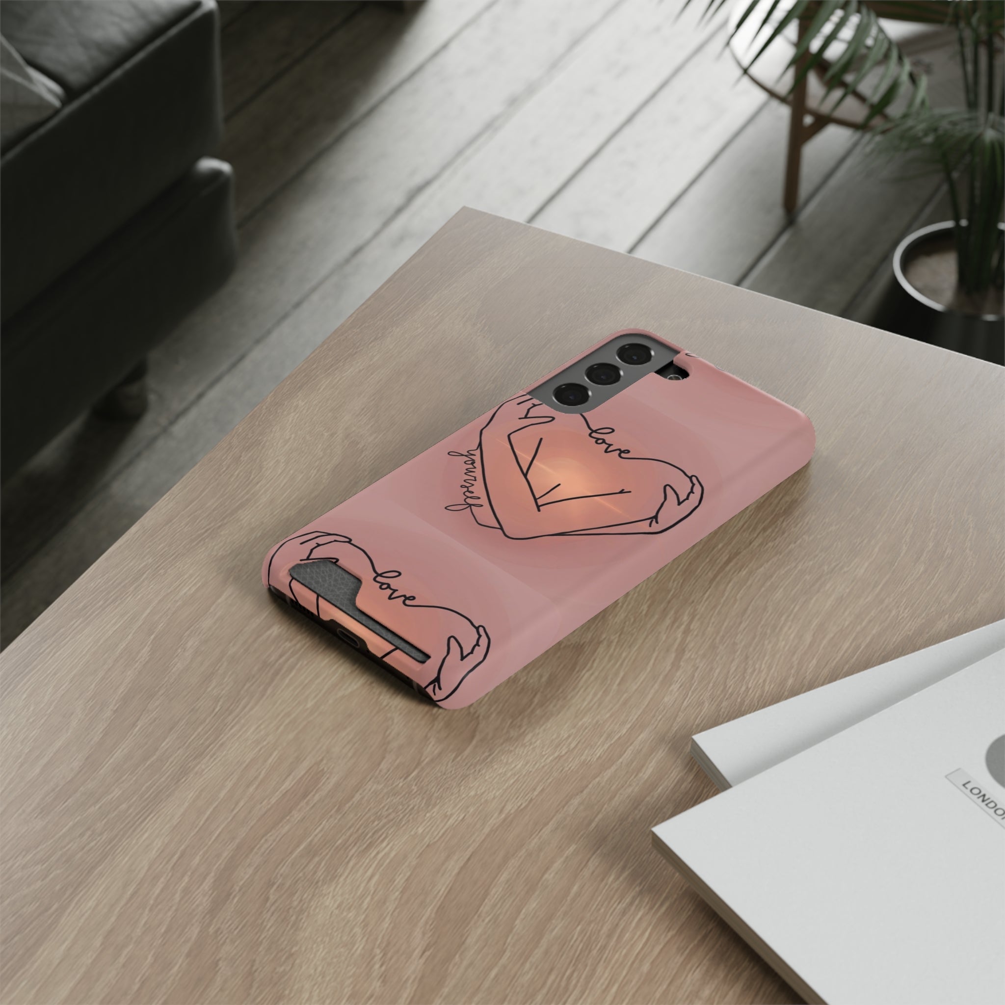 Stylish Phone Case With Card Holder - Love Yourself Design, Cute Phone Accessories, Gift for Her, Trendy Smartphone Case, Modern Tech Gift